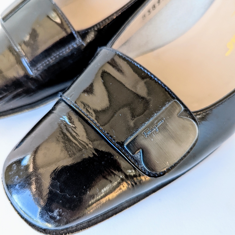 Salvatore Ferragamo Black Patent Leather Kitten Heel Loafers